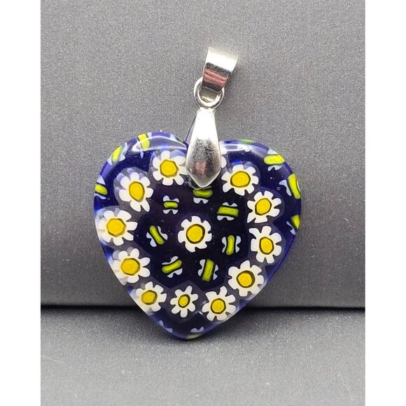 Murano Style Millefiori Heart Pendant 1.5" White Daisy Mosaic 18k GP Bail - Picture 3 of 10
